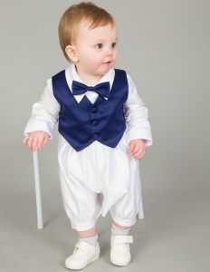 Baby Boys White & Navy Bow Tie Romper, Waistcoat & Hat